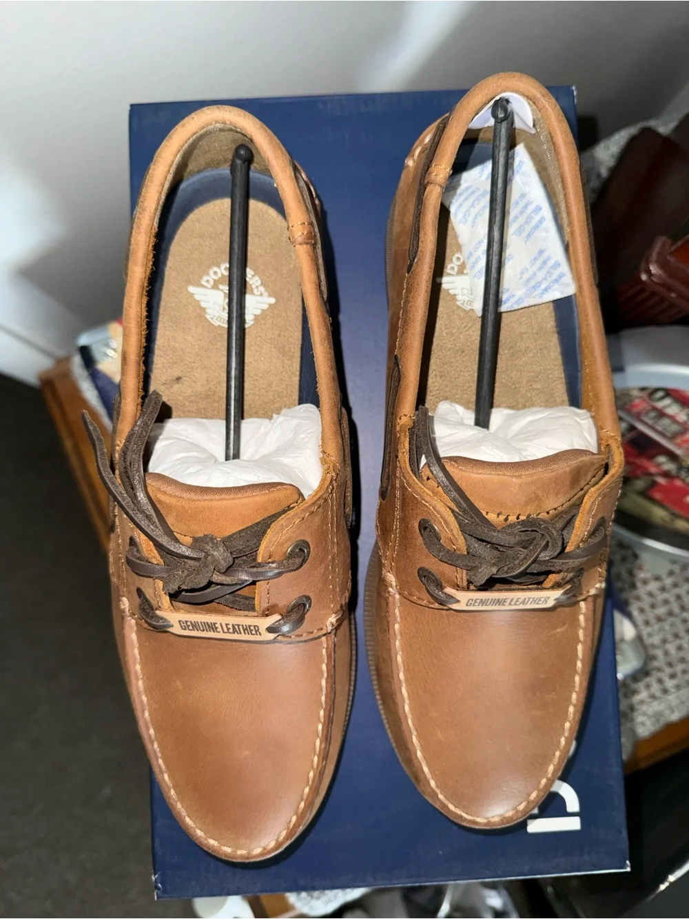 Dockers Men's Tan Leather Boat Shoes with Lace Detail
